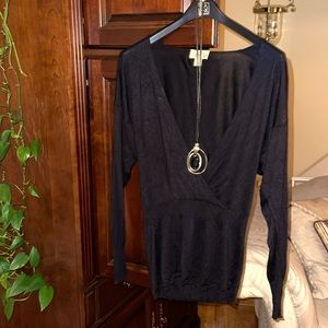 Loft sweater, black, V-neck wrap, flattering rear waistband, Sz L, w/ necklace.